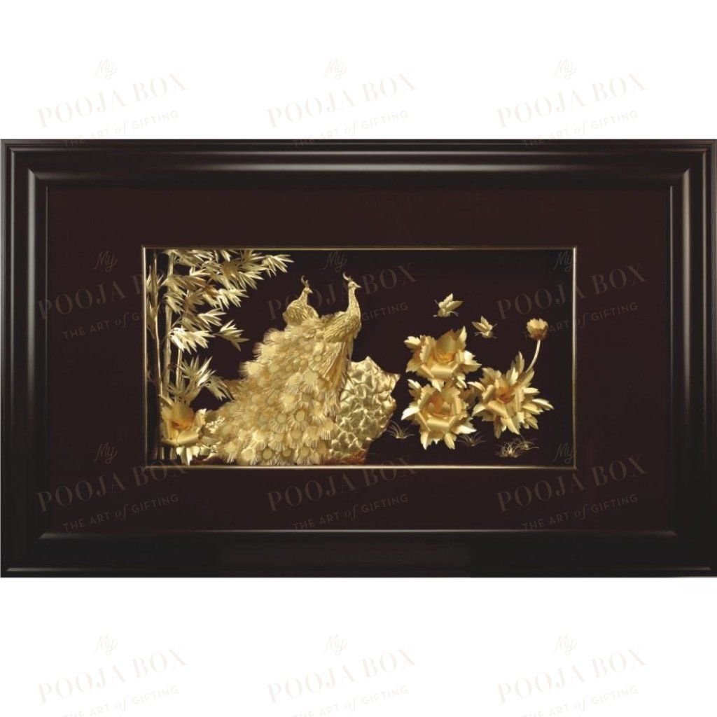 24K Gold Foil Large Peacock Peony & Bamboo Framed Paintings