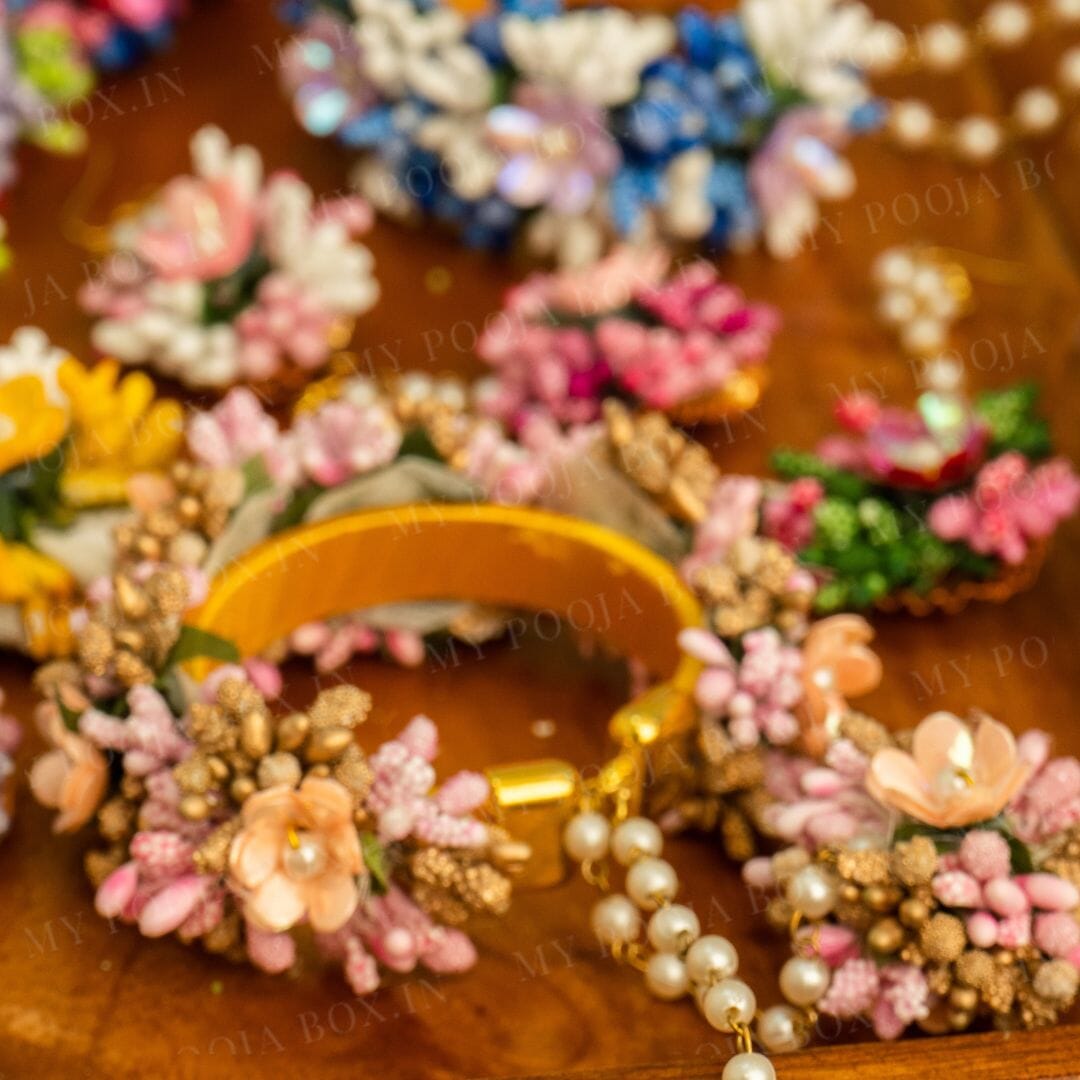 Floral Golden Pink Haath Phool Bracelet & Maang Tikka Set