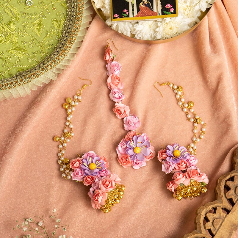 Floral Pink Lavender Earring & Maang Tikka Set