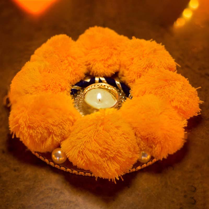 Decorative Yellow Pompom T-Light Diya