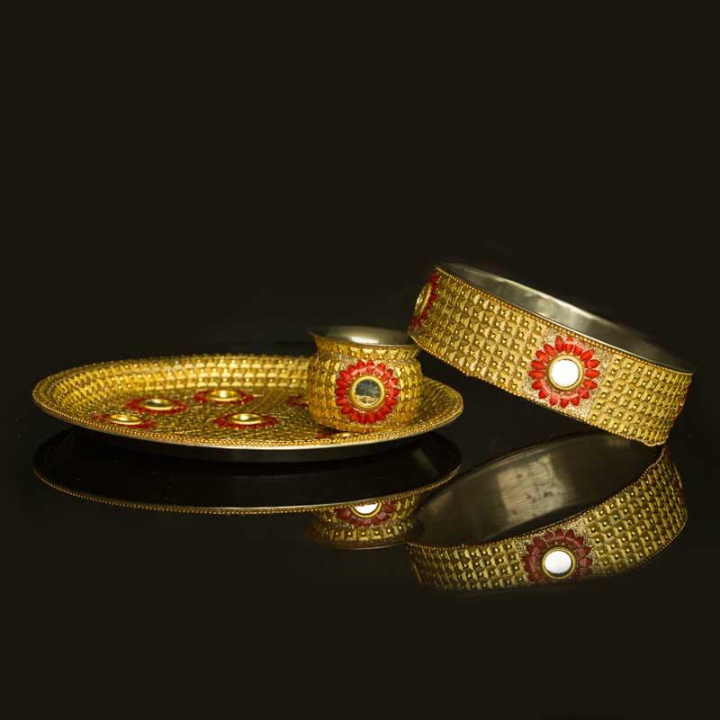 Embellished Thali Set - Golden & Red