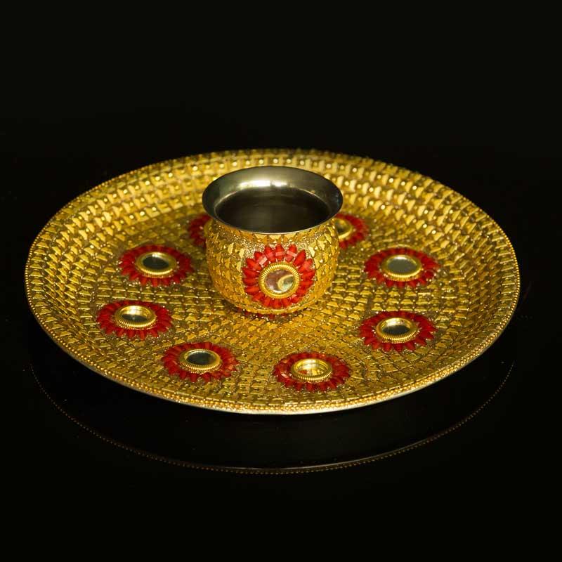 Embellished Thali Set - Golden & Red
