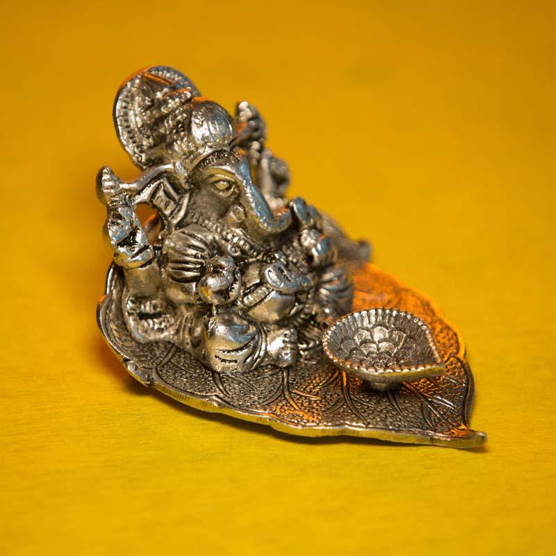 Antique Silver Lord Ganesha Statue on a Leaf