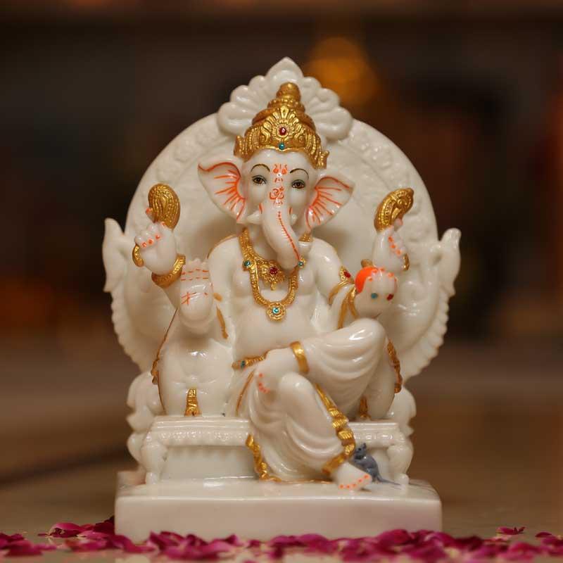 Handcrafted White Ganesha Statue on Throne