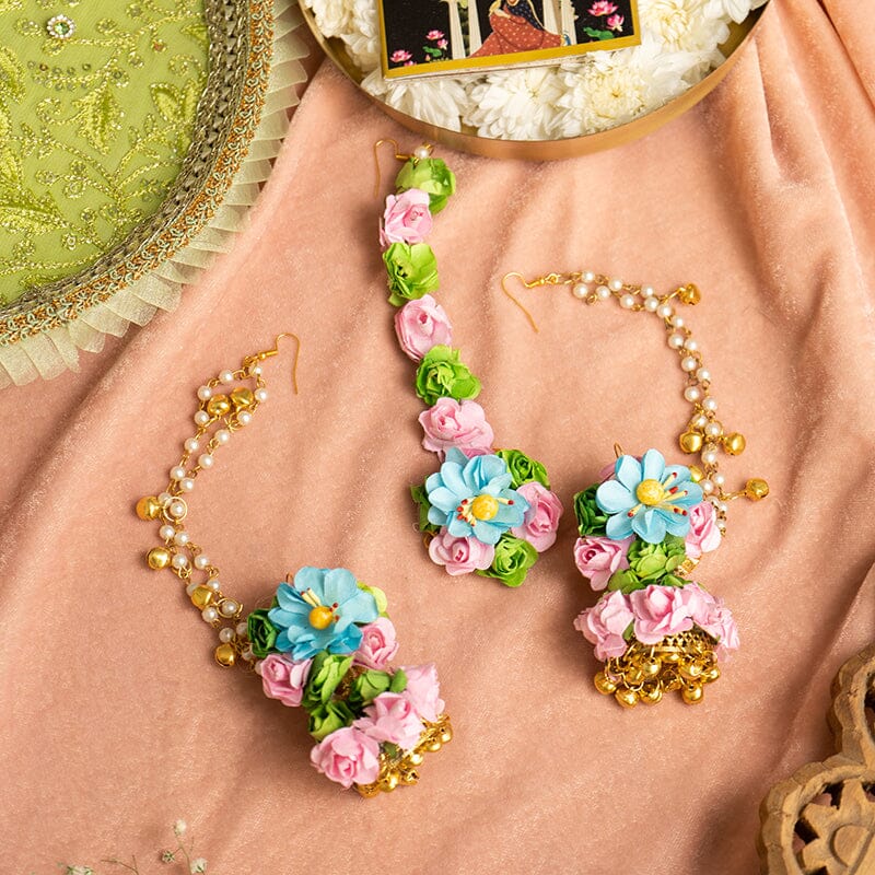 Floral Pink Blue Green Earring & Maang Tikka Set
