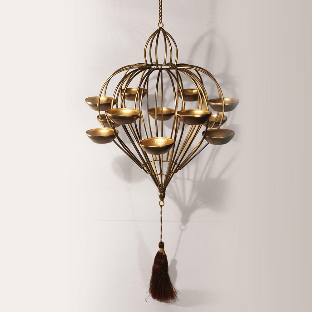 Modern-Classic Golden Chandelier Diya Tlight Holder Hanging