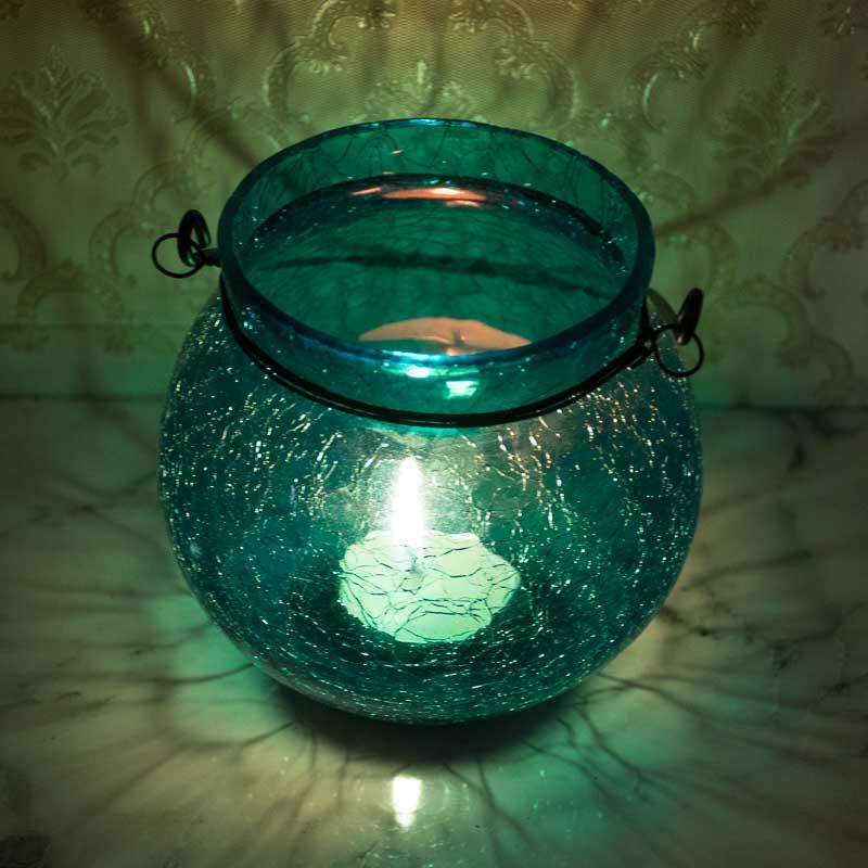 Stunning Blue Crackled Glass Lantern Tealight Holder