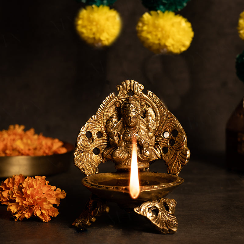 Brass Decorative Diya with Goddesses Laxmi