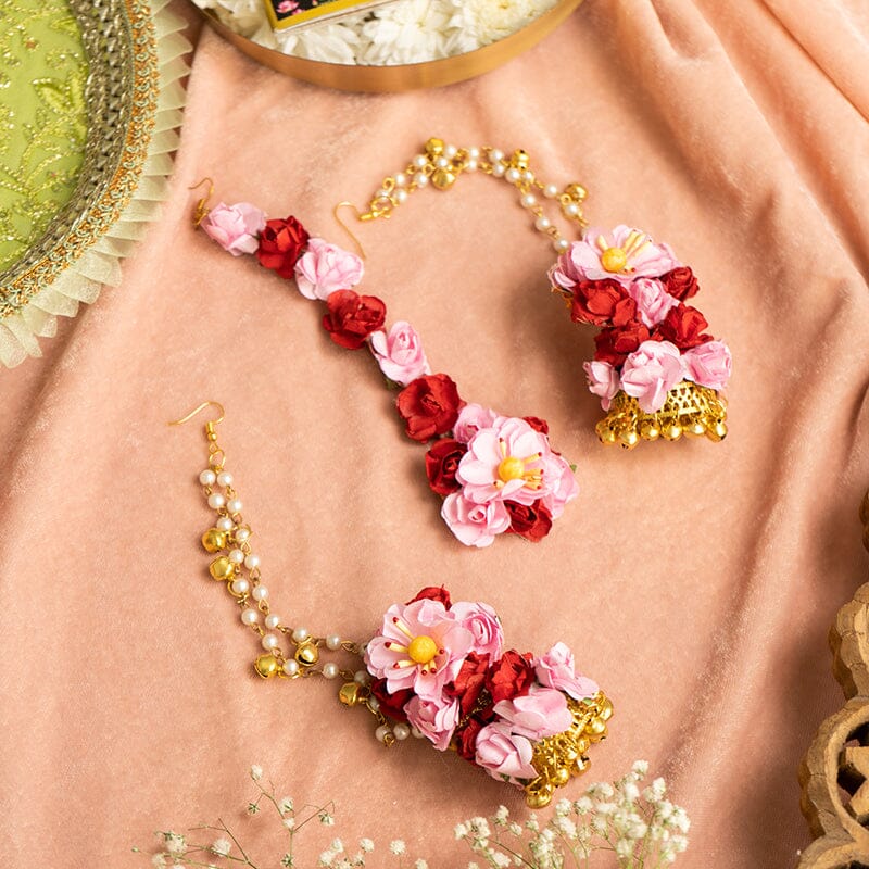 Floral Red Baby Pink Earring & Maang Tikka Set