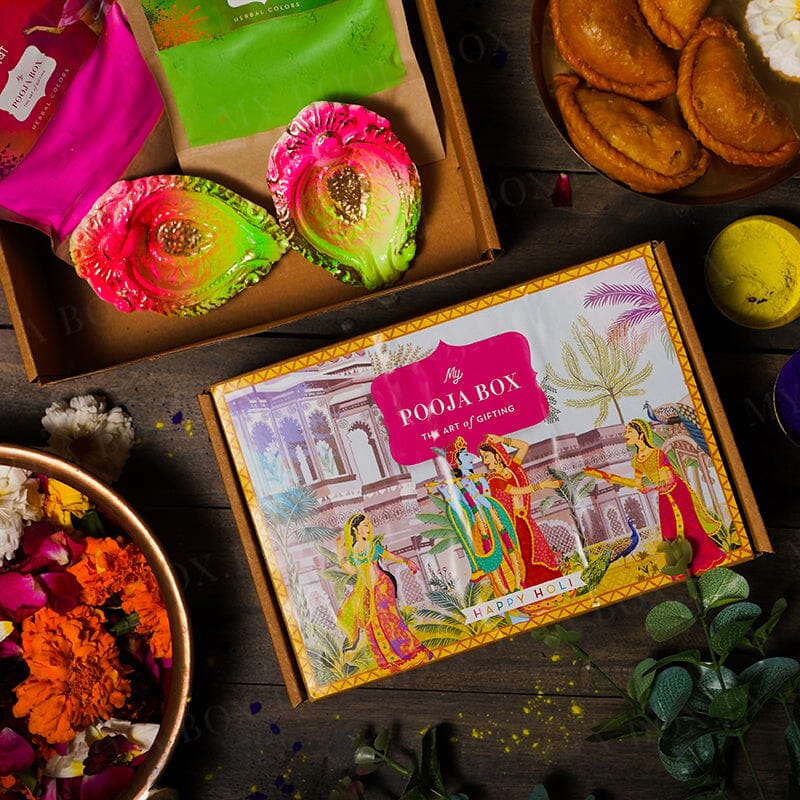 Pink & Green Diya & Herbal Gulaal Holi Gift Box (200gms)
