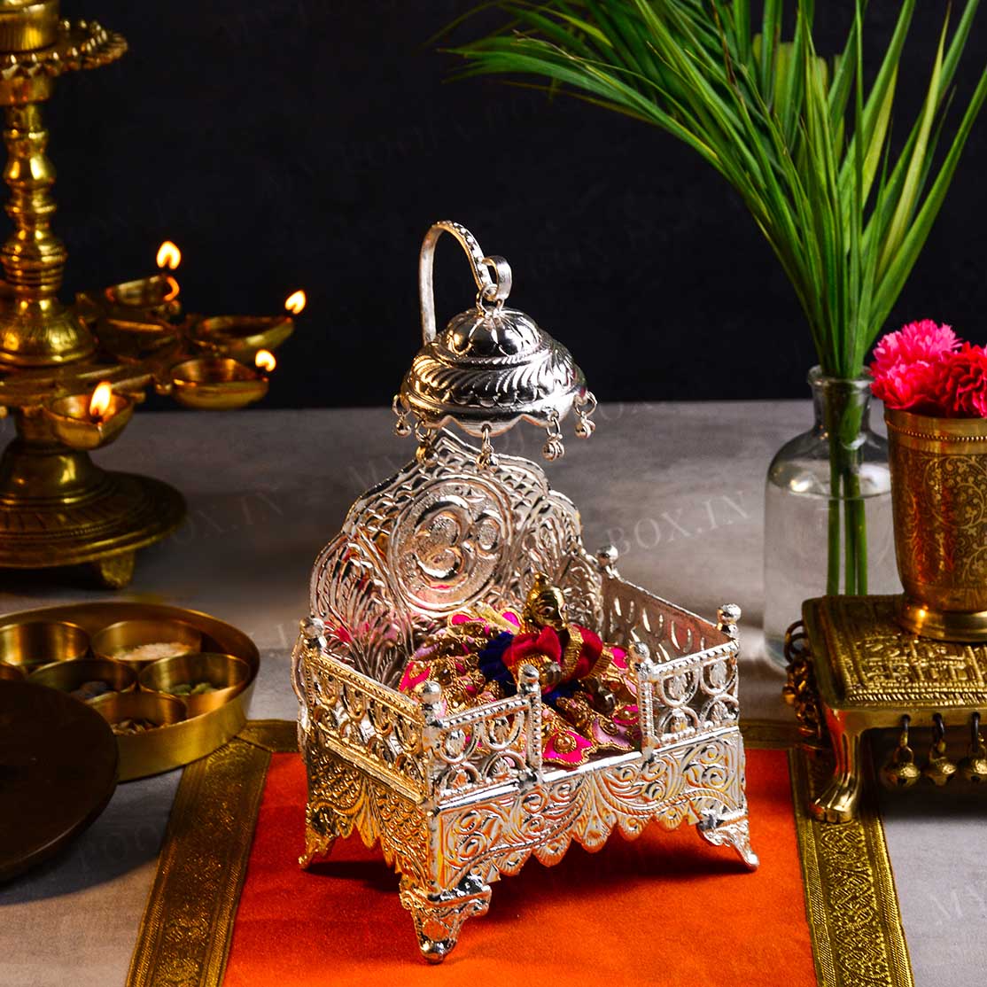 Luxurious Silver Finish Laddu Gopal Singhasan