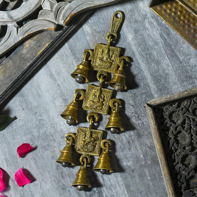 Antique Brass 7 Bells With Laxmi Ganesh Saraswati Figuring
