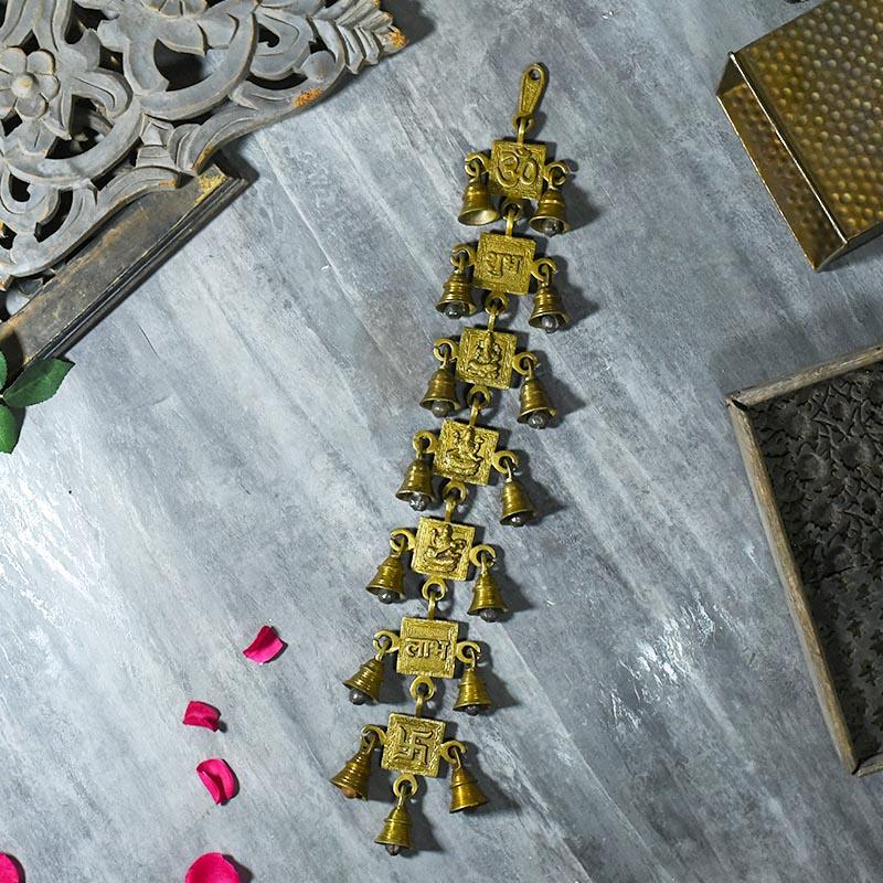 Antique Brass 15 Bells With Lakshmi Ganesh Saraswati Subh Labh Om Swastik Figurine
