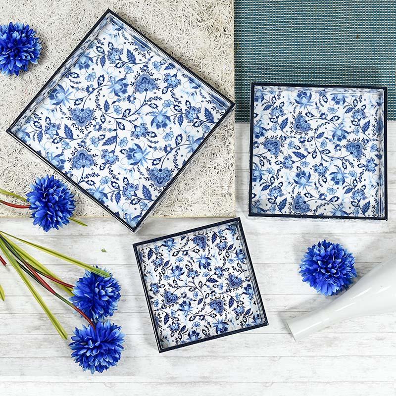 Blue Floral Serving Tray Set of 3