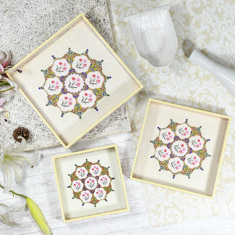 Mughal Art Beige Colored Serving Trays - Set of 3