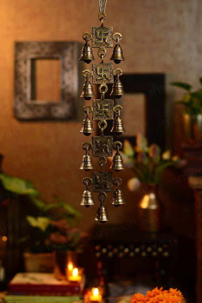 Antique Brass Door/Wall Hanging 11 Bells with Engraved Swastik