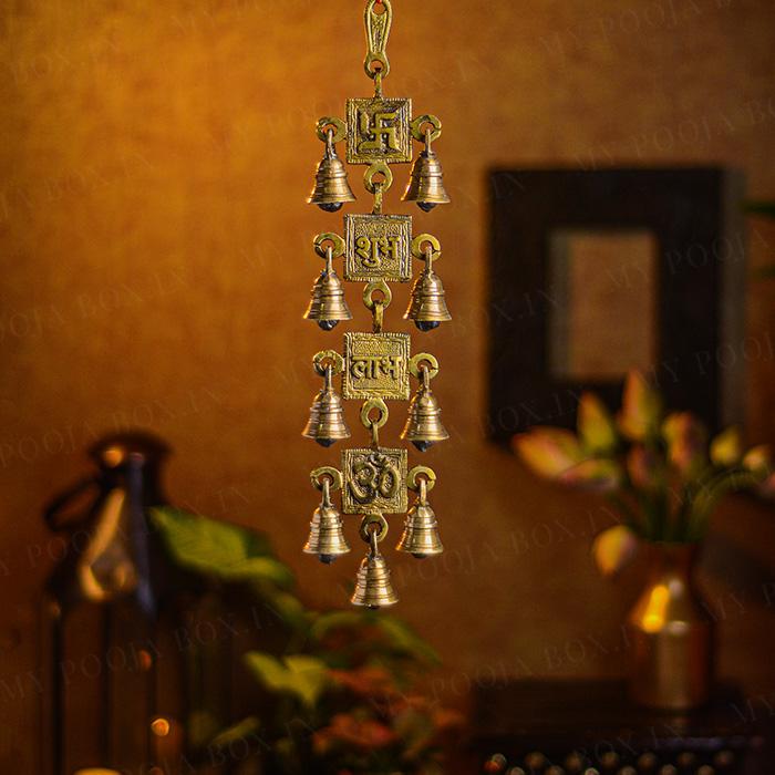 Antique Brass Swastik,Shubh Labh and Om Bell