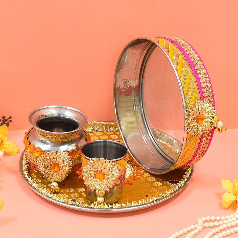Eye-Catching Golden Pink Karwa Chauth Thali Set