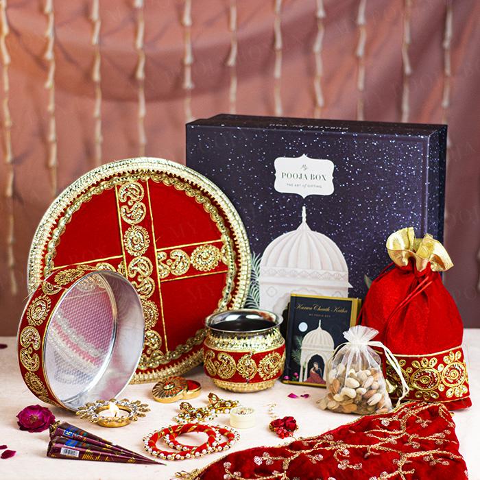 Vibrant Red Golden Embroidery Gift Box for Karwa Chauth