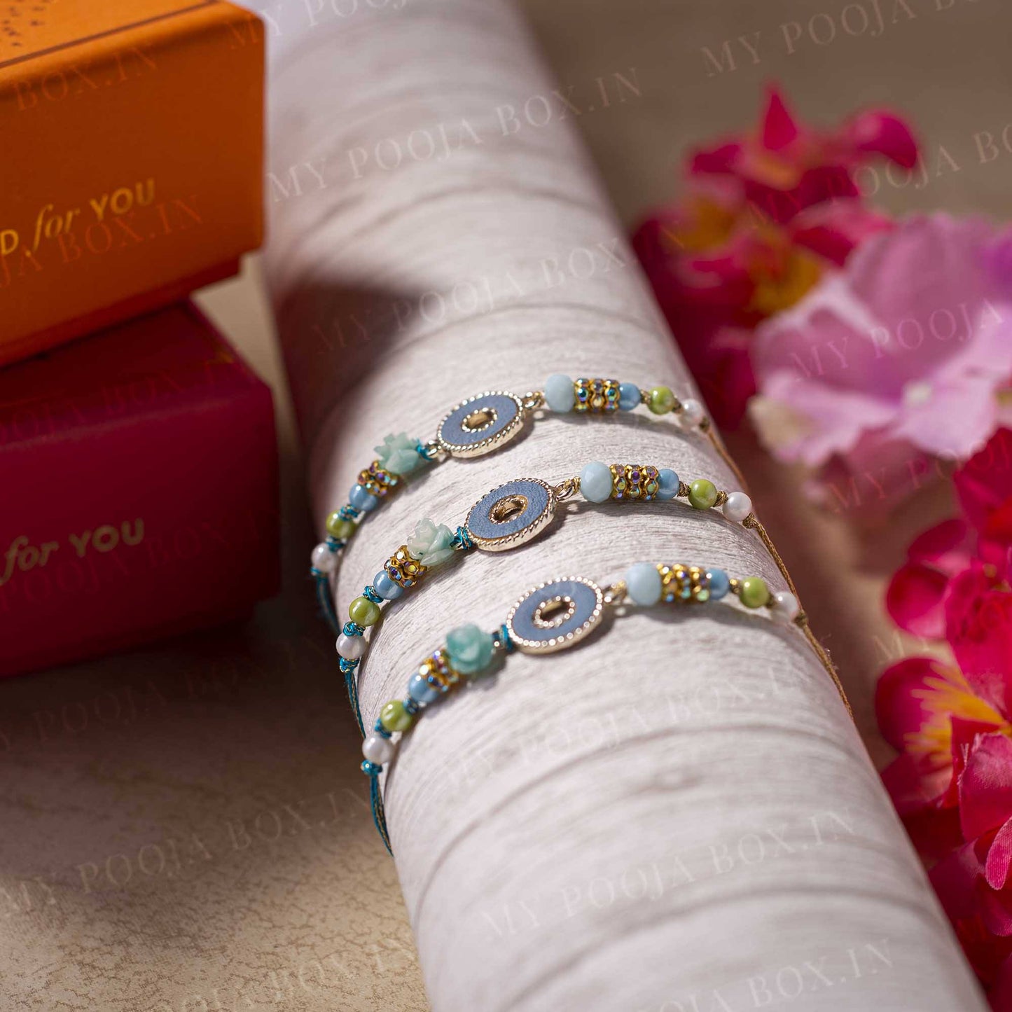 Fancy Golden Ring & Flower Bead Rakhi