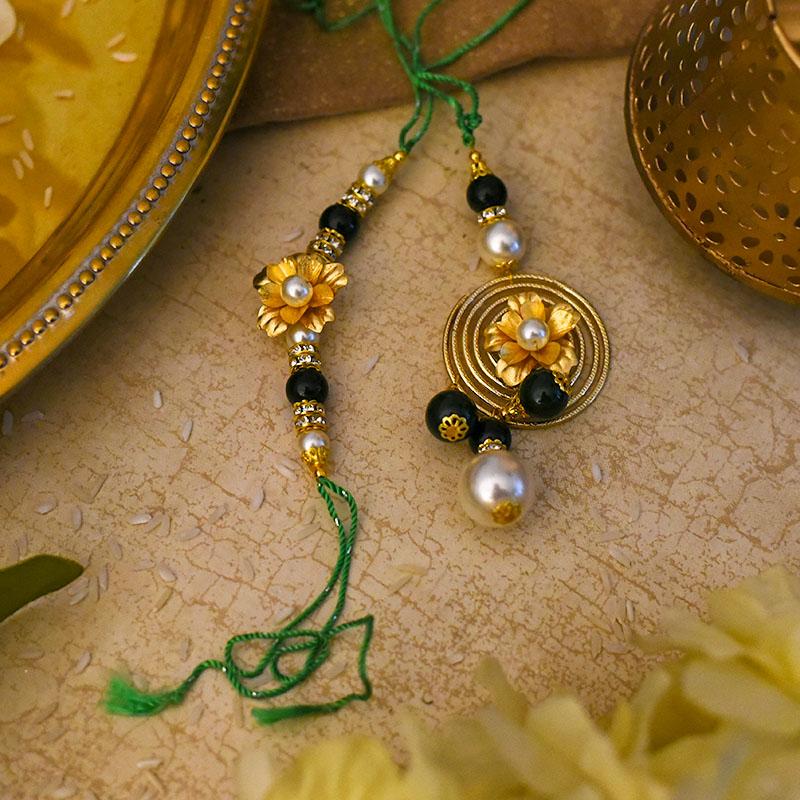 24K Gold Foil Floral Bhaiya Bhabhi Lumba Rakhi-Set Of 2