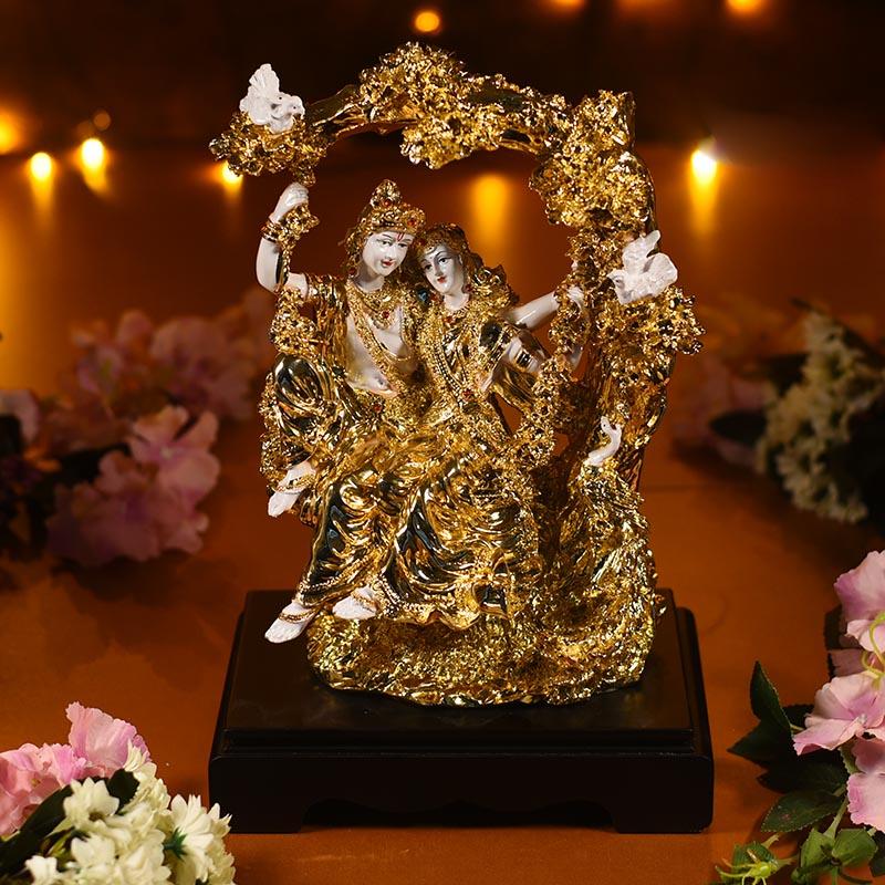 Antique Coral Gold And White Radha Krishna on Jhula