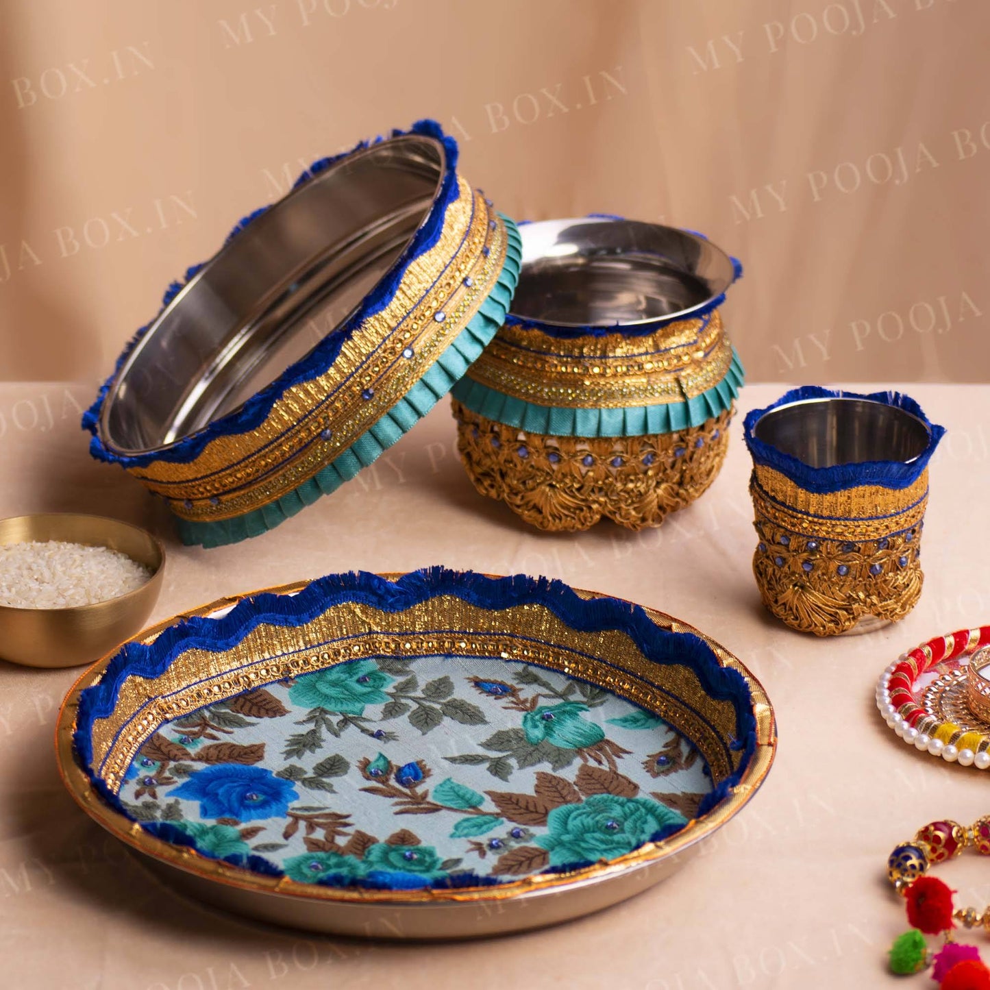 Blissful Blue Flora Karwa Chauth Thali Set