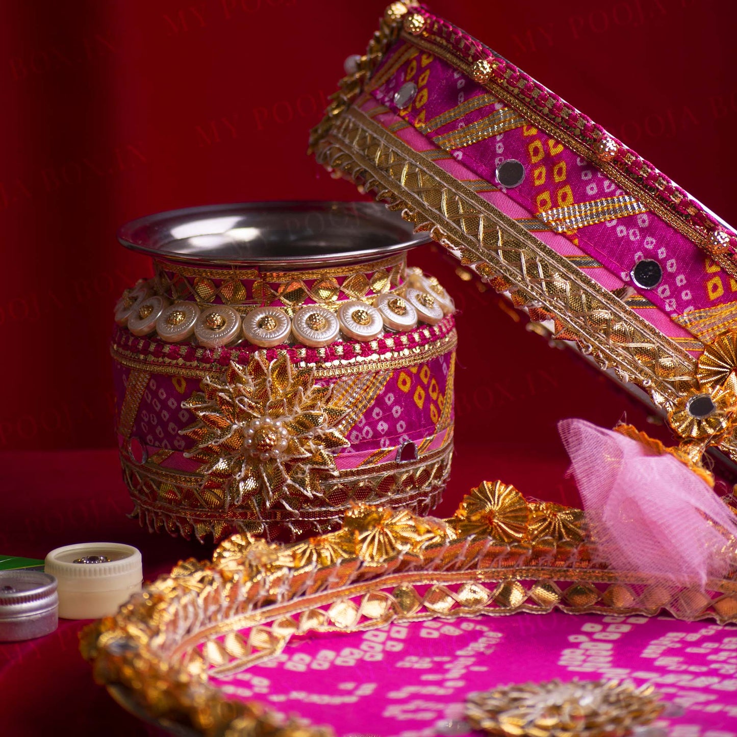 Light Pink & Rani Gota Karwa Chauth Thali Set