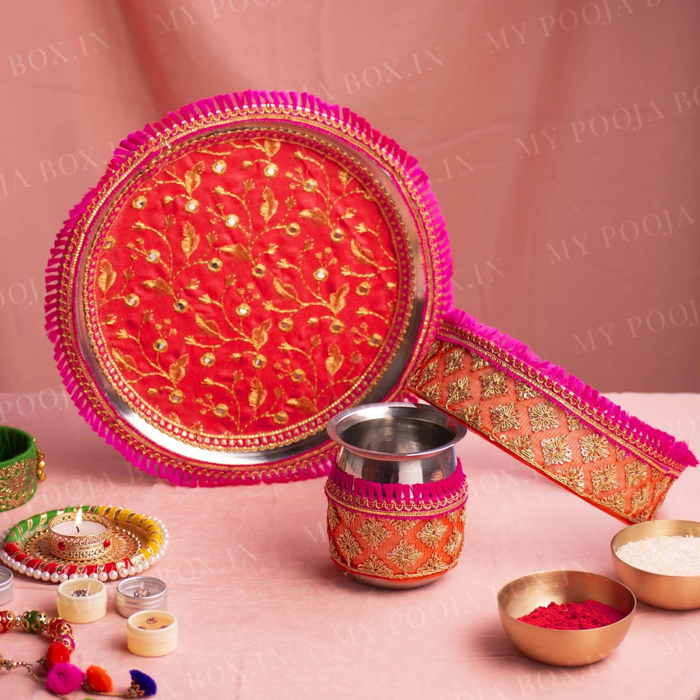Radiant Rani & Orange Karwa Chauth Thali Set