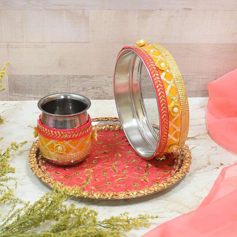 Peach & Yellow Glimmer Karwa Chauth Thali Set