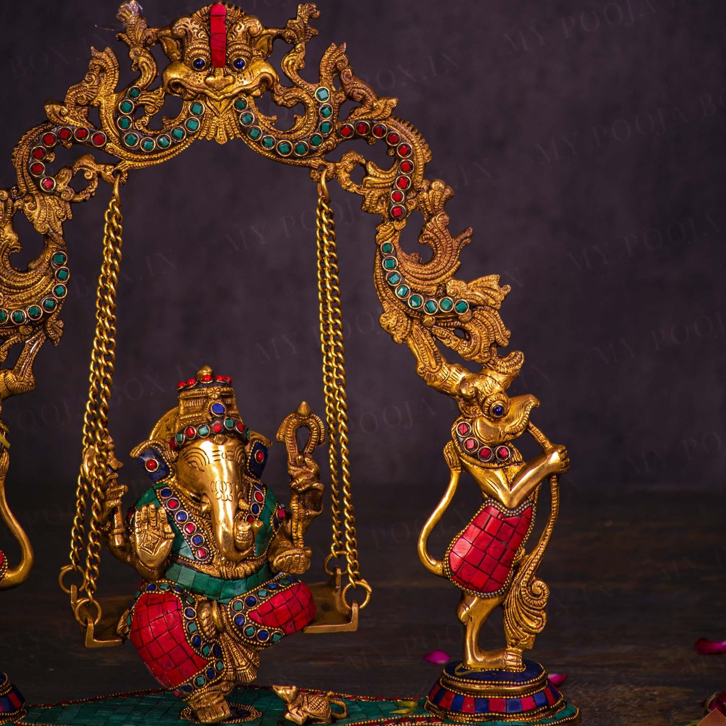 Traditional Brass Jhula Ganesha With Stone Work
