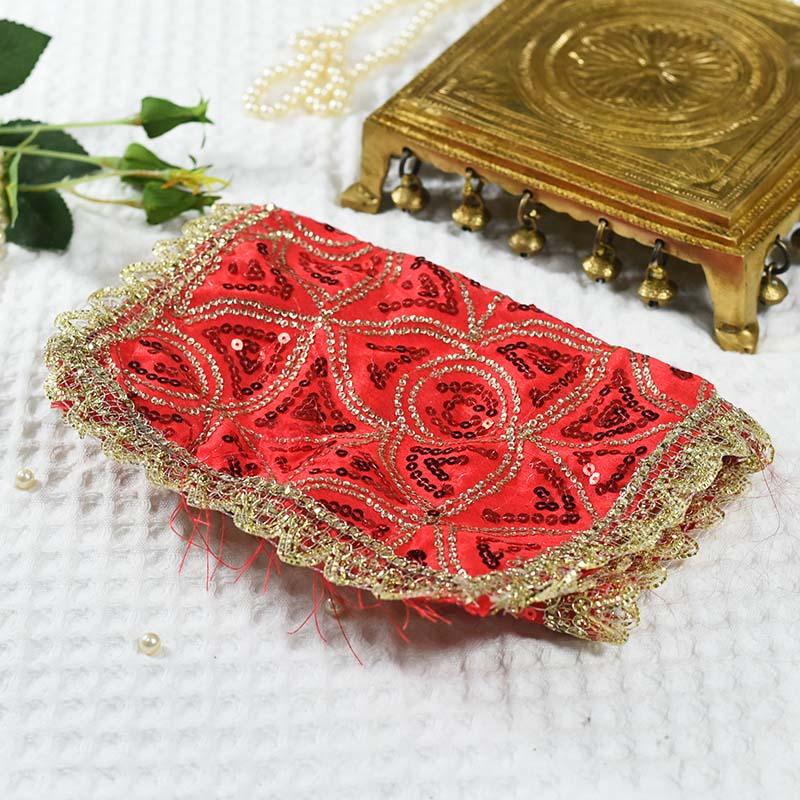 Red Chowki Cover With Red And Golden Sequence Beads