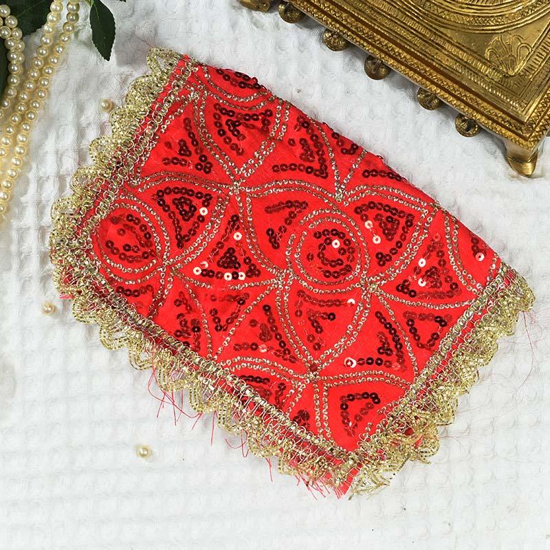 Red Chowki Cover With Red And Golden Sequence Beads
