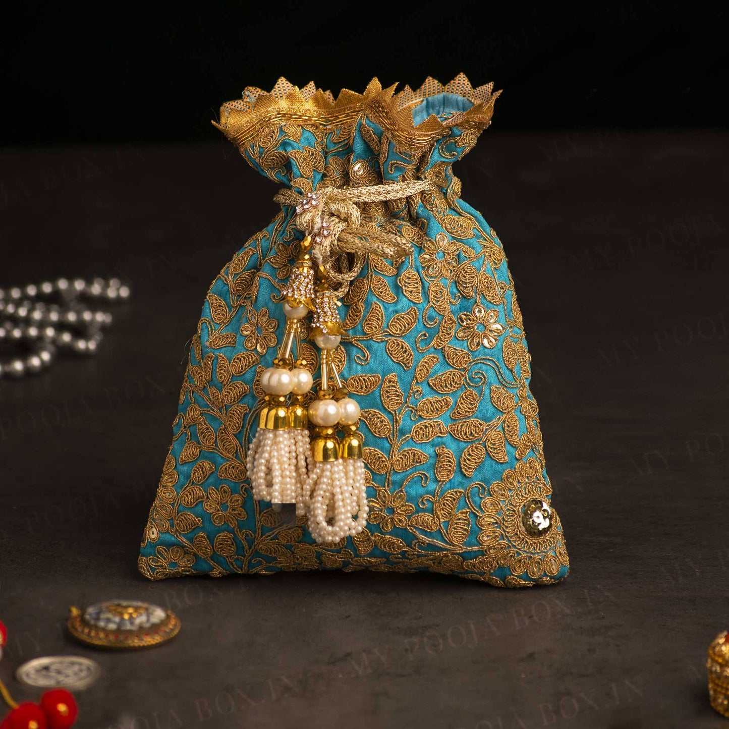 Cerulean Blue Embroidered Potli Bag