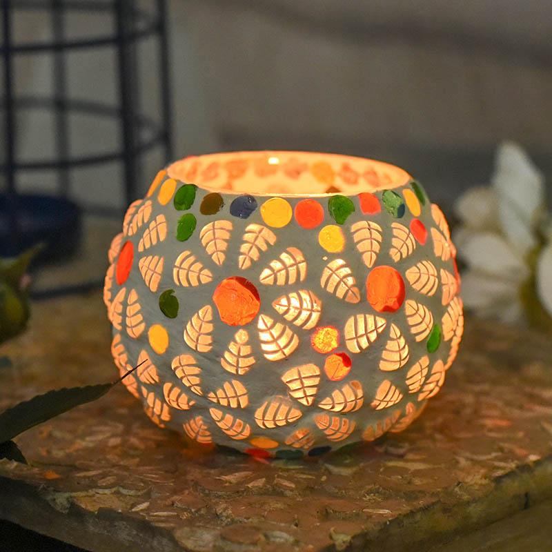Colorful Floral Polka Dots Mosaic Glass T-light Candle Holder