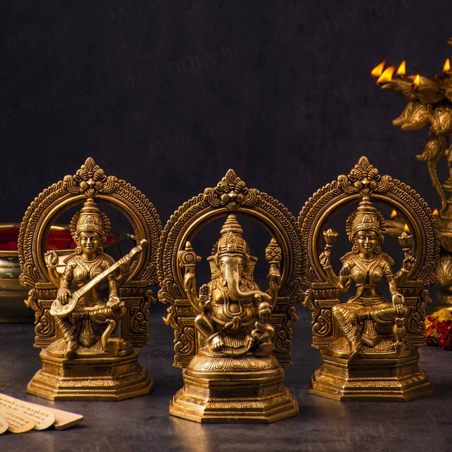 Brass laxmi Ganesha Saraswati Idols With Aesthetic Ring Design
