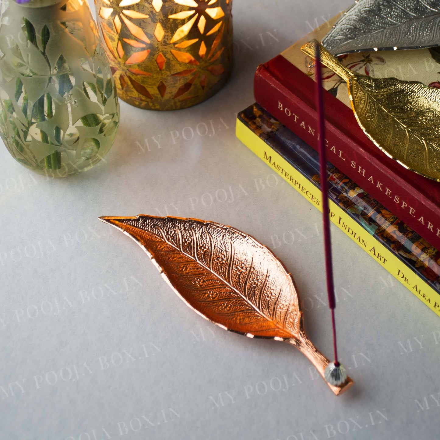 Rose Gold Incense Holder with Leafy Decor