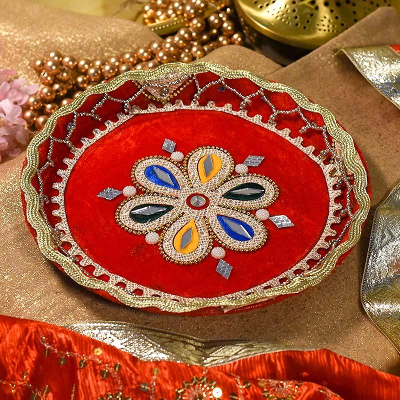 Velvet Red Decorated Pooja Thali