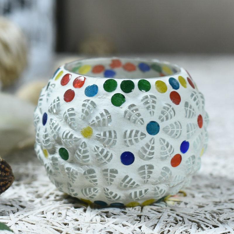 Colorful Floral Polka Dots Mosaic Glass T-light Candle Holder