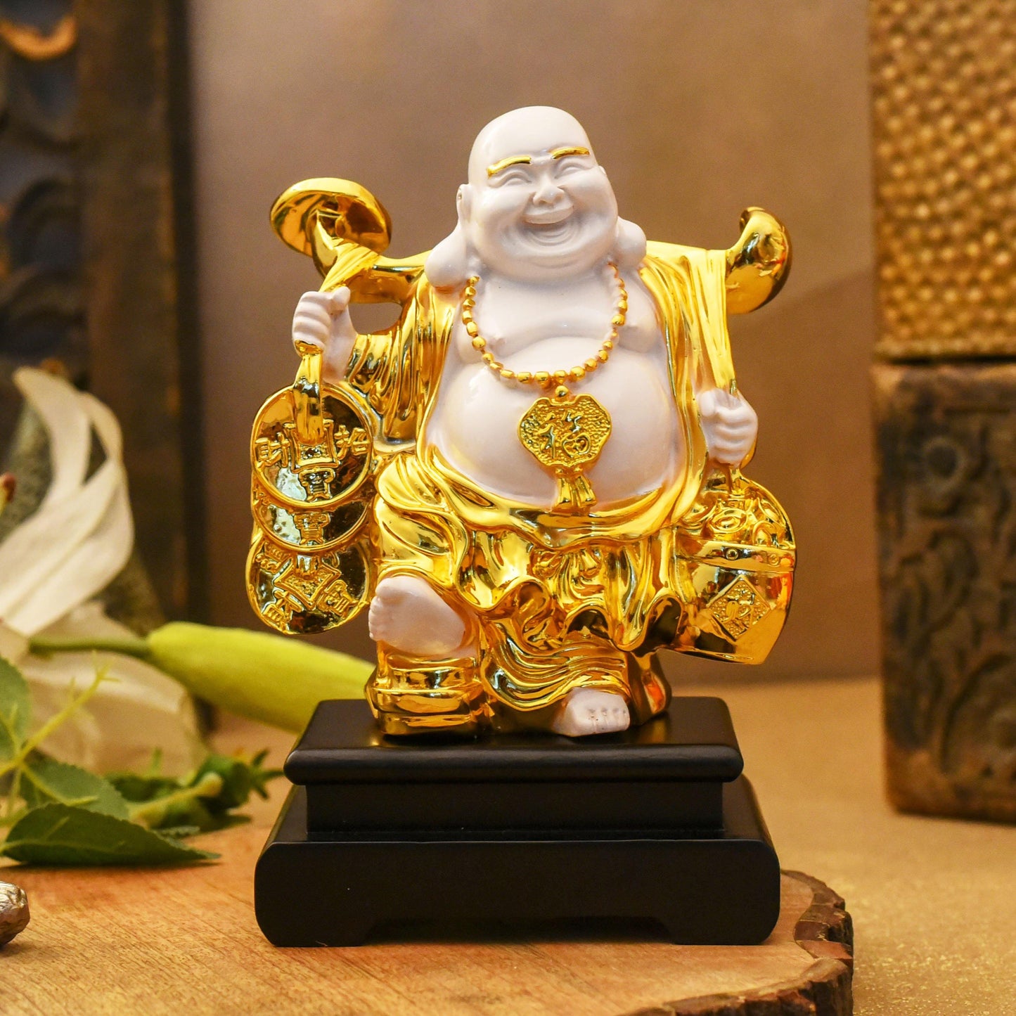 Feng Shui Laughing Buddha On Black Stand