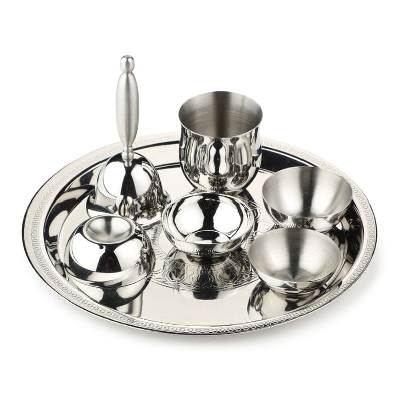 Silver Stainless Steel Pooja Thali Small (Set of 7)