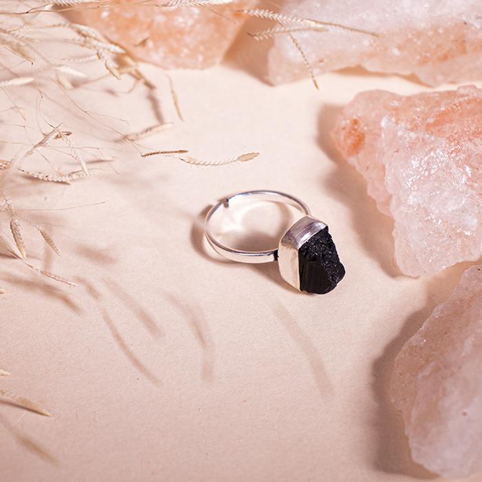 Natural  Black Obsidian German Silver Adjustable Ring