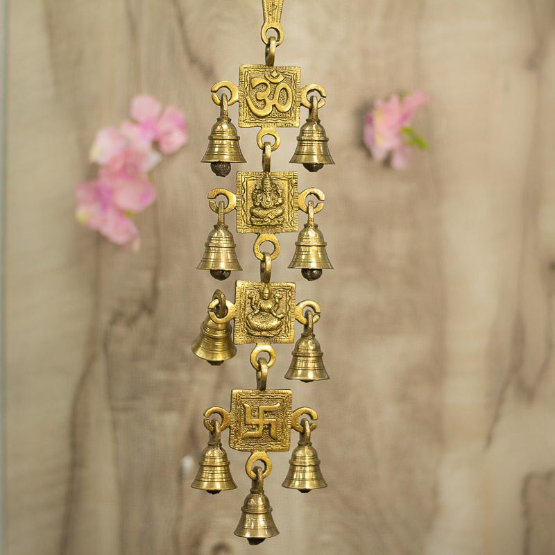 Antique Brass 9 Bells With Laxmi Ganesha Om Swastik Figurine