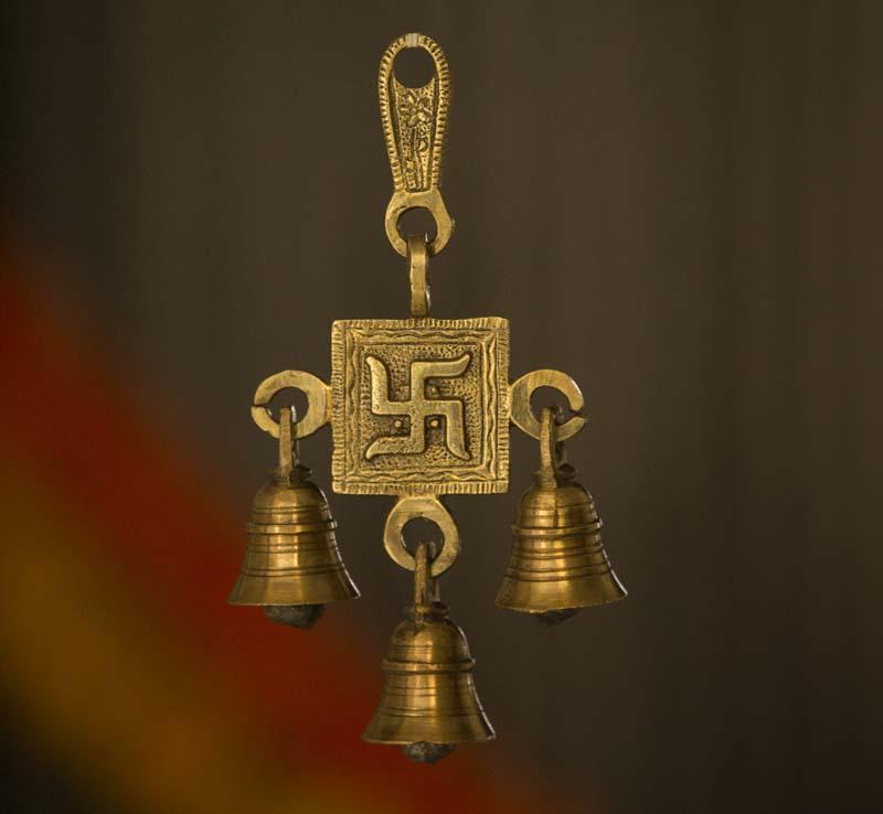 Brass 3 Bells Door/Wall Hanging with Engraved Swastik