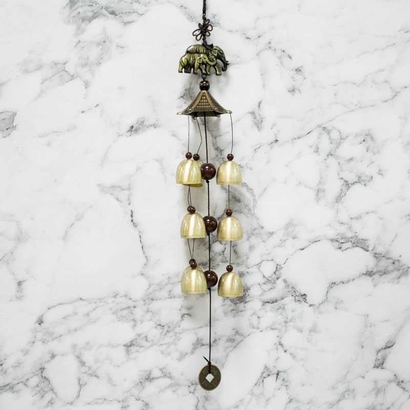 Feng Shui Buddha Metal Coin Bell Wind Chime with Elephant Trinkets