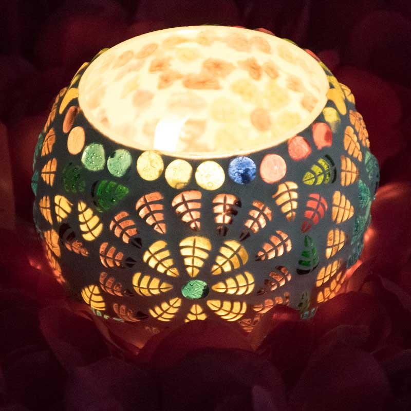 Mosaic Leaf and Floral Pattern Glass Tlight Candle Holder