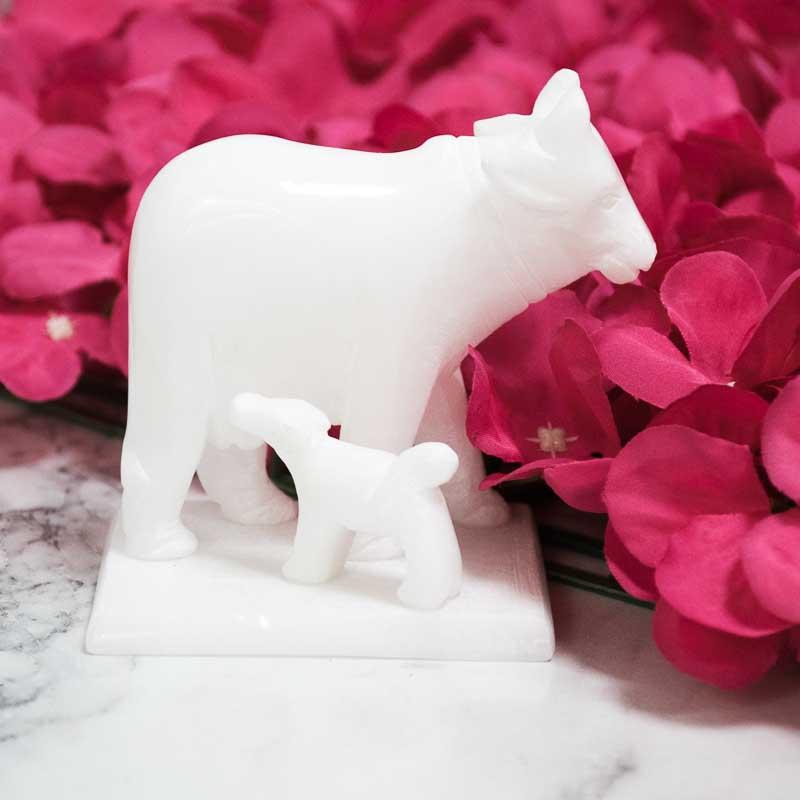 Graceful White Marble Cow and Calf Idol Figurine