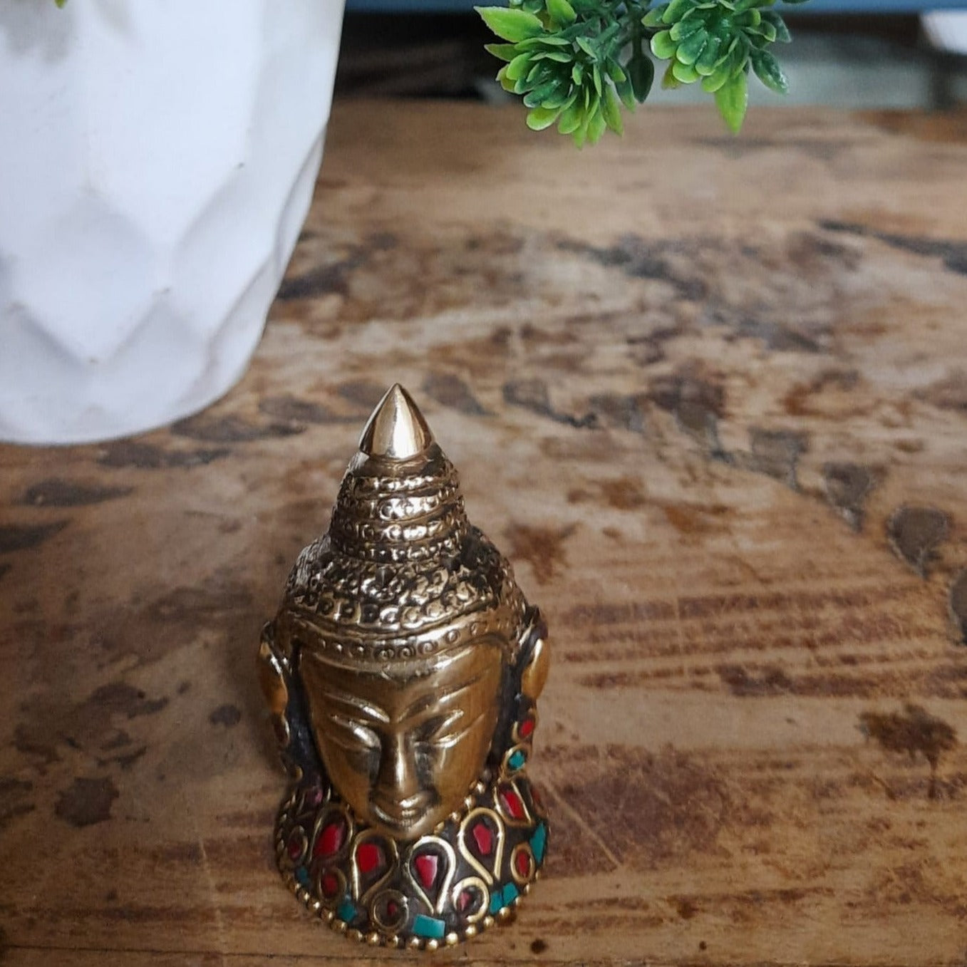 Petite Brass Buddha Incense Holder with Stone Work