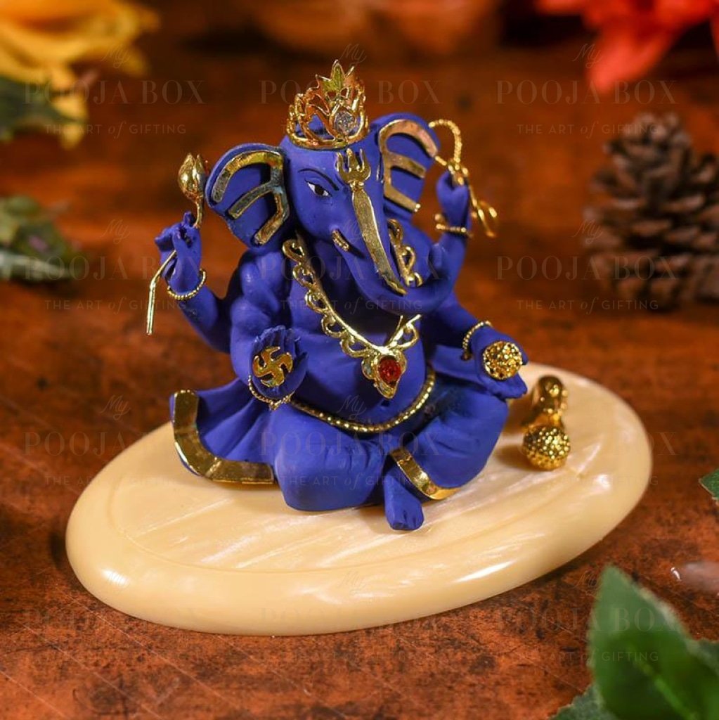 Antique Blue And Golden Ganesha Idol Idols