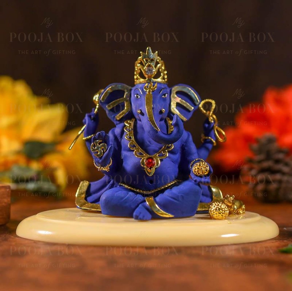 Antique Blue And Golden Ganesha Idol Idols